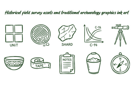 Archaeological field excavation and ancient artifact discovery symbols