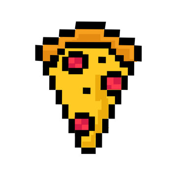 pixel art slice of salami pizza with melting cheese and toppings, in a retro 8-bit video game vector graphic design