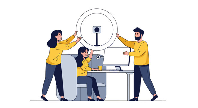 Team of content creators working in a studio with a ring light and computer to produce professional social video or photo content.