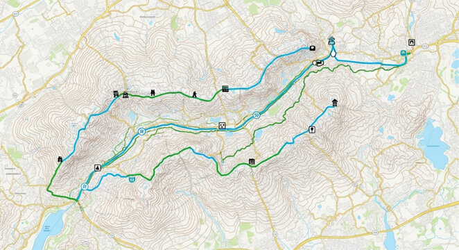 Topographic map showing hiking trails and points of interest.