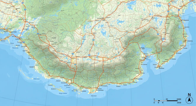 Detailed Topographical Map of a Coastal Region with Roads and Settlements.