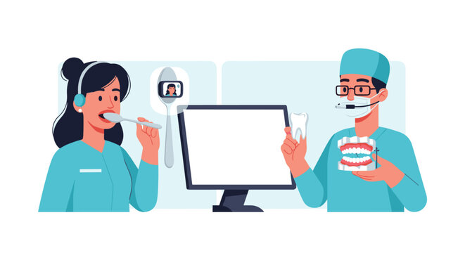 Patient consulting with a dentist via a computer screen, illustrating modern teledentistry and remote healthcare consultations.
