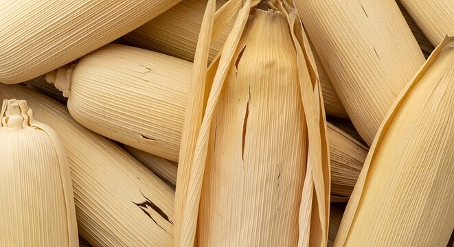 Fresh corn husks stacked together closely.