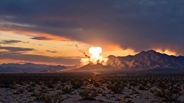 Tactical nuclear warhead falling with a burning trail over mountains at sunset, ballistic missile attack, imminent danger, global crisis.