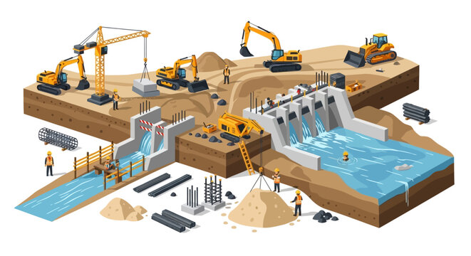 Isometric construction site with heavy machinery and workers