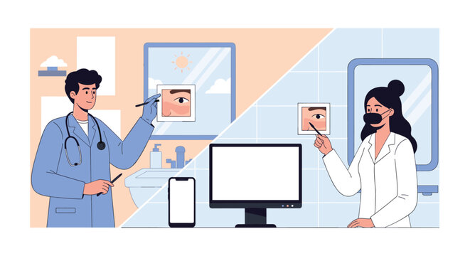 Two medical professionals discussing skin conditions through a split-screen interface, representing remote dermatological advice.