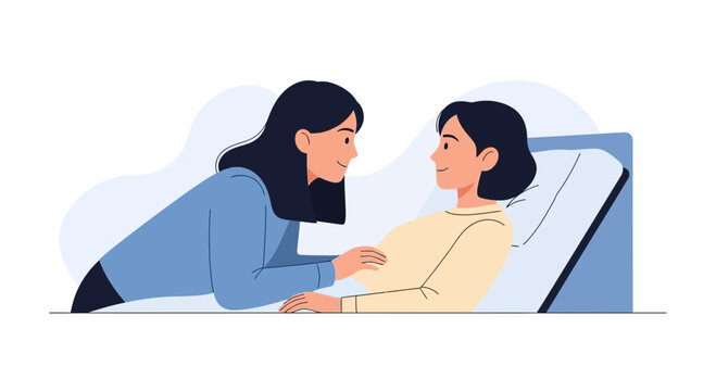 Caring friend comforts patient in hospital bed, offering support and connection