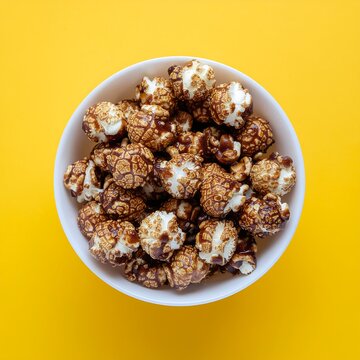 A white bowl filled with delicious chocolate popcorn isolated on a vibrant yellow background.