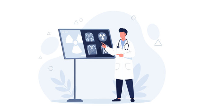 Doctor analyzing X-ray scans on a lightbox, medical diagnosis concept