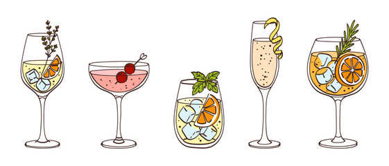 Trendy wine and spritz cocktail vector line art set with citrus spritz, berry coupe, basil spritz, sparkling twist and rosemary spritz © Мария Князь