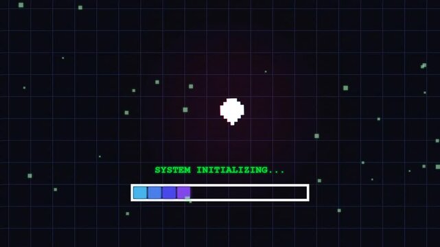 Digital progress loading bar with system initializing text on a grid.