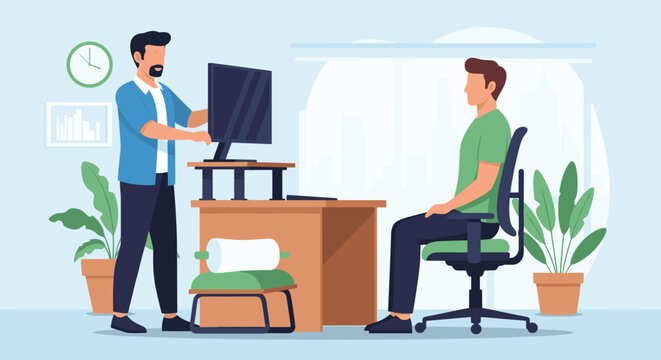 Office technician or ergonomist adjusting a standing desk setup for a male employee sitting in a modern office chair.