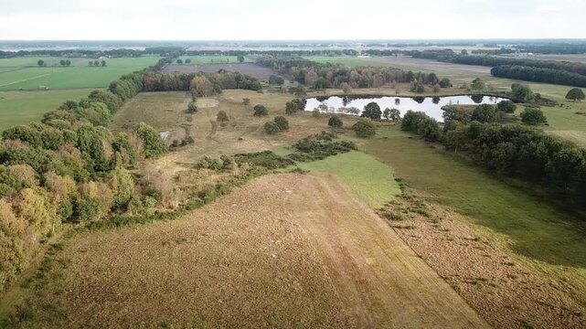 Sweeping aerial drone video over the stunning Dutch landscape of Het Zwarte Gat nature reserve in Zuidwolde, Netherlands. Lush green meadows, clusters of trees, glittering waterways