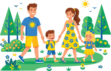Fototapeta premium Happy family walking in nature park, parents with children holding hands outdoors, summer vacation and healthy lifestyle vector illustration