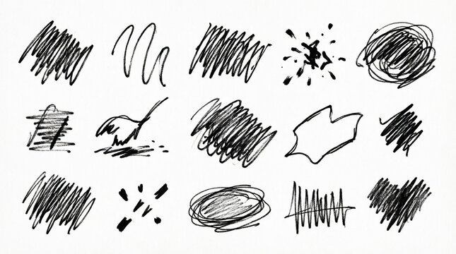 Collection of various hand drawn black ink shapes and scribbles.