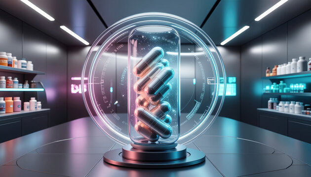 Health supplements, multivitamin. Multivitamin health supplements floating inside a glowing glass ring