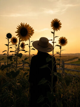 Sunflower ひまわり 164 Vertical Shot of Woman in Straw Hat Amidst Sunflowers at Sunset（夕焼けのひまわり畑に立つ麦わら帽子の女性）