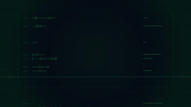 Digital computer terminal screen with scrolling binary code data