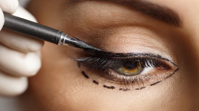 Professional surgeon marks lines on the eyelid of a patient preparing for cosmetic surgery.