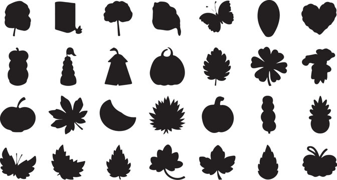 Autumn Leaves and Fruits Silhouette Icons Set