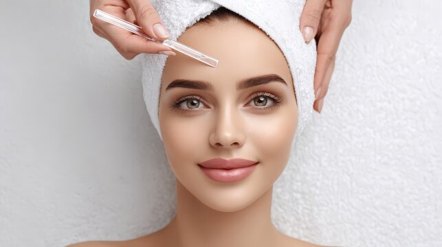 Professional aesthetician performs a gentle facial dermaplaning treatment on a young woman with a white towel wrap.