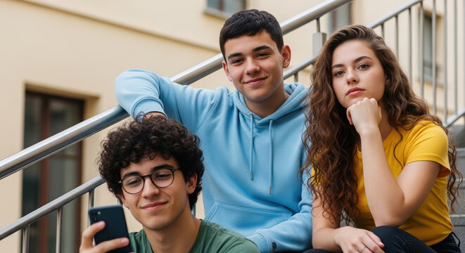 Diverse group of teenagers sitting on school steps looking at camera for advertising social media banner website marketing and commercial editorial use
