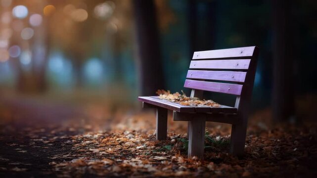 Park bench in autumn with falling leaves. Beautiful quiet scene for seasonal concepts, nature backdrop, or serene outdoor design.