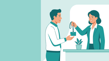 Fototapeta premium Receptionist or HR professional handing a new employee their identification badge at a welcome desk in a corporate office setting.
