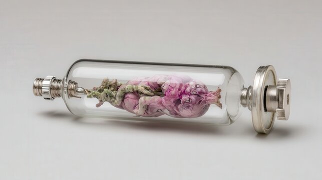 Human-like organism preserved inside a sealed glass laboratory vial.