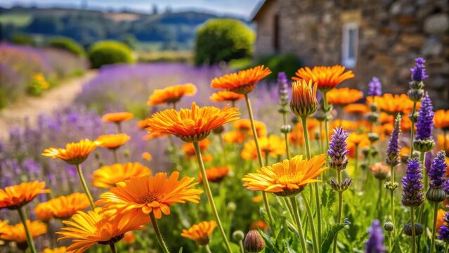 Vibrant orange blossoms and purple flowers flourishing in a sun-drenched garden setting near a rustic stone structure