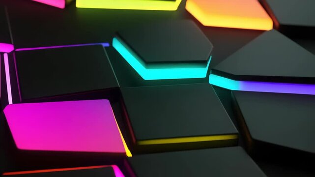 Bright neon lights shine on geometric tiles. Colors shift and change patterns. The setting is dark, creating a vivid contrast. The activity draws the eye with vibrant designs and movement