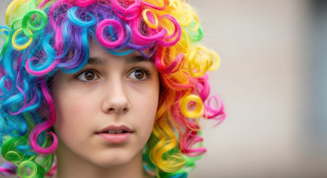 Adolescent girl wearing colorful rainbow costume wig looking away against blurred background for advertising social media banner website marketing and commercial editorial use