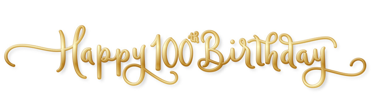 HAPPY 100th BIRTHDAY gold brush calligraphy banner with flourishes on transparent background