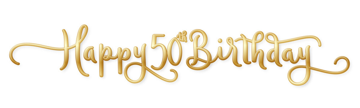 HAPPY 50th BIRTHDAY gold brush calligraphy banner with flourishes on transparent background