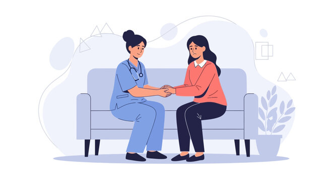 Nurse Comforts Patient on Couch - Healthcare Support, Compassion, and Care