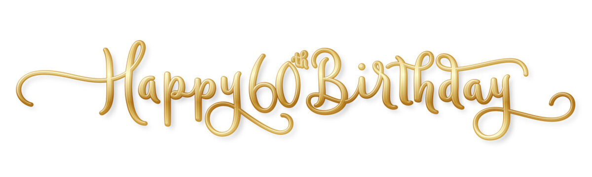 HAPPY 60th BIRTHDAY gold brush calligraphy banner with flourishes on transparent background