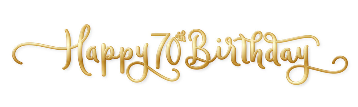HAPPY 70th BIRTHDAY gold brush calligraphy banner with flourishes on transparent background