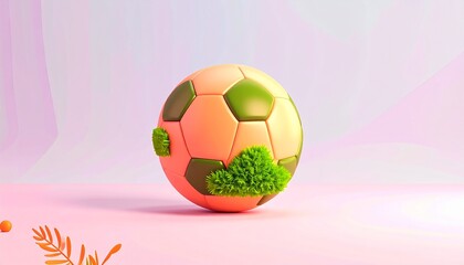 Fototapeta premium Vibrant 3D Render of a Sustainable Football Adorned with Lush Green Moss, Blending the Spirit of Sport with Nature's Harmony on a Soft, Artistic Background