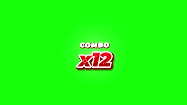 Red combo multiplier graphic isolated on a bright green screen background for easy chroma key editing in video game productions