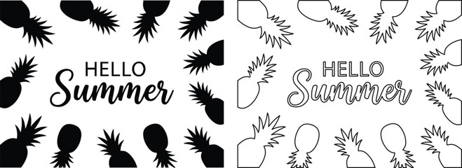 Minimalist pineapple summer vector set, hello summer typography with tropical fruit silhouettes, black and white pineapple border frames for seasonal greeting cards © usman