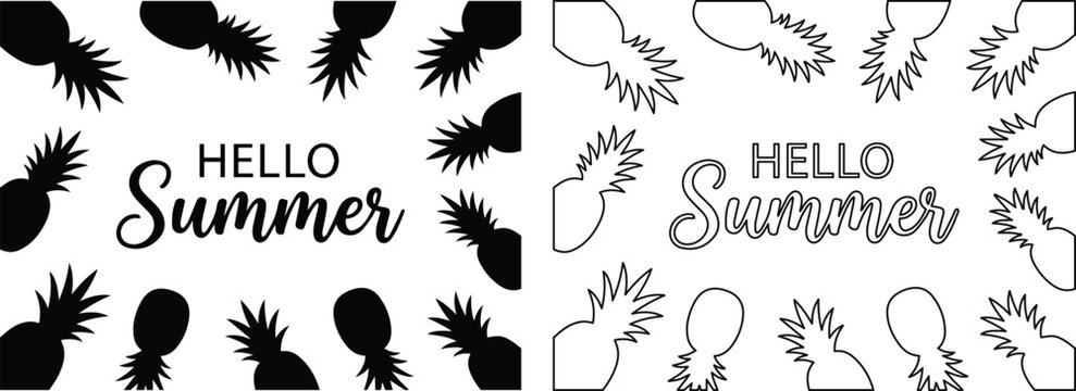 Minimalist pineapple summer vector set, hello summer typography with tropical fruit silhouettes, black and white pineapple border frames for seasonal greeting cards