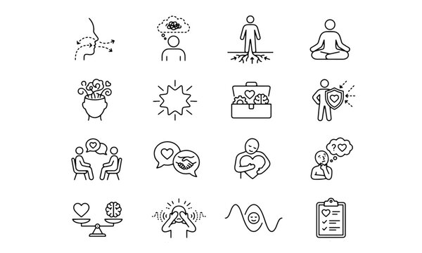 Mental Health and Emotional Wellness Outline Icon Set - Therapy, Mindfulness and Coping Strategy Vector Icons for Psychology Apps
