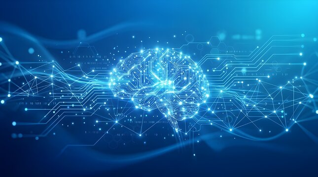 Futuristic artificial intelligence concept featuring a glowing digital brain with neural network connections and data flow on blue background. Ideal for AI, machine learning, and technology themes