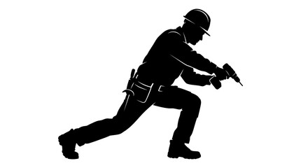 Fototapeta premium A black and white solid vector silhouette of a male construction worker or carpenter wearing a hard hat and tool belt, in a dynamic stance while operating a cordless power drill.