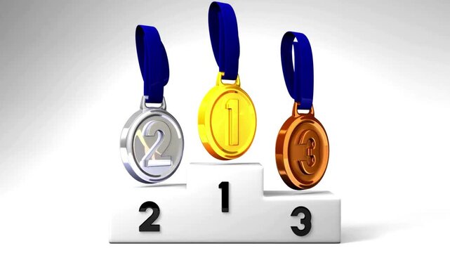 Gold Silver and Bronze Medals Above a Competition Winners Podium
