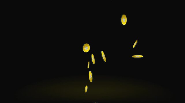Golden star coins exploding outward in a dynamic burst against a dark background for reward systems and e-commerce gamification milestones