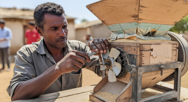 Rural African Man Repairing Traditional Grain Thresher Machine