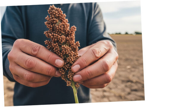 Farmer's Hands Cupping a Head of Ripe Sorghum in an Agricultural Field