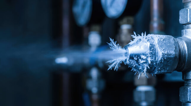 Frozen valve releasing air with frost buildup on metal pipe in cold environment, Energy Efficiency Engineering