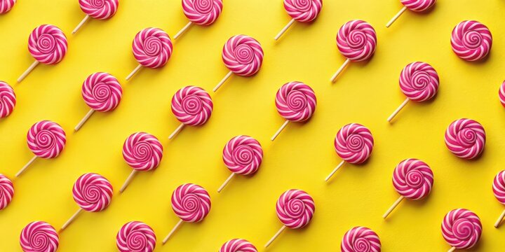 A vibrant and cheerful pattern of pink and white swirl lollipops arranged on a sunny yellow background, creating a delightful and sweet visual treat.